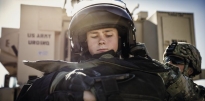Soldier wearing an Explosive Ordnance Disposal Suit. 